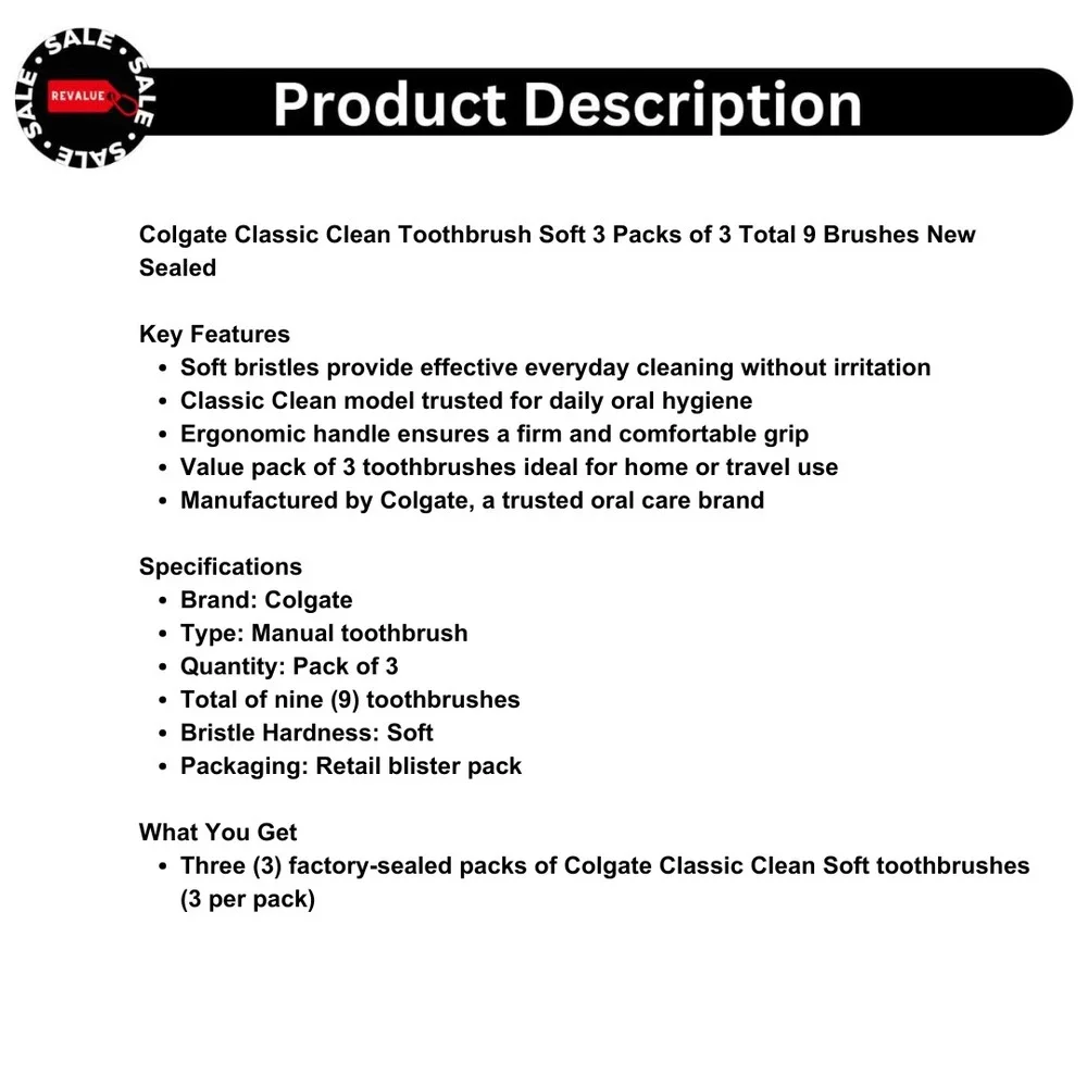 Colgate‎ Classic Clean Toothbrush Soft 3 Packs of 3 Total 9 Brushes New Sealed